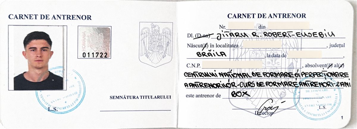 Carnet de antrenor de box pentru Robert Jitaru
